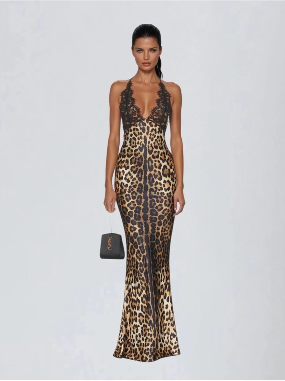 Vazvara Halterneck Lace Leopard Maxi Dress